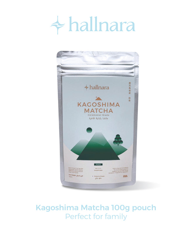 Kagoshima Matcha packaging with 'hallnara' branding on a white background
